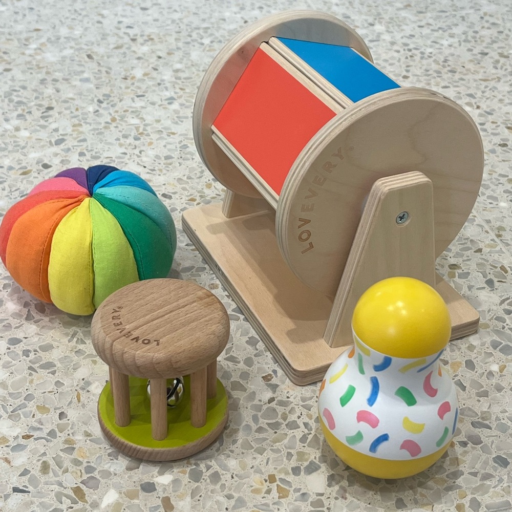 Lovevery bundle - wooden tumbler, wobbler, rolling bell rattle and rainbow ball